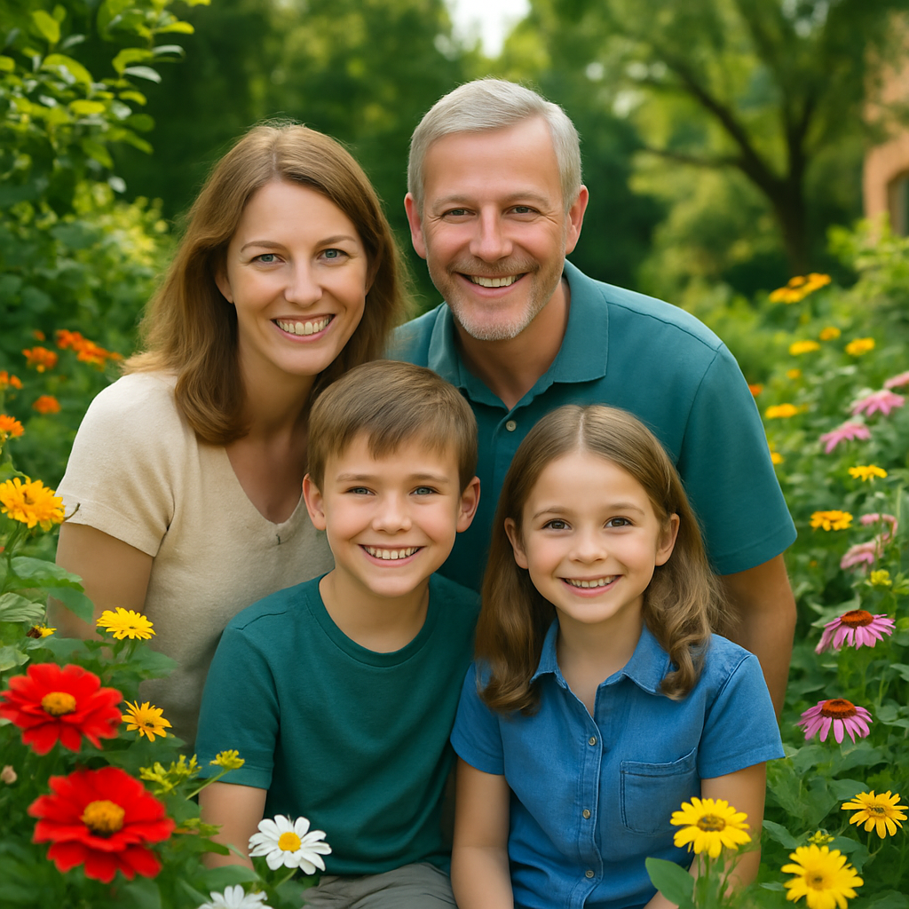 Happy family surrounded by lush green flower garden with butterflies